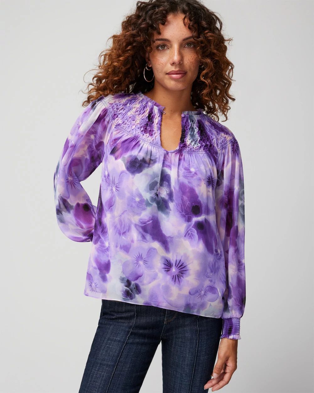 Long Sleeve Smocked Printed Blouse | White House Black Market